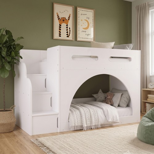 White bunk bed with - bed, stairs