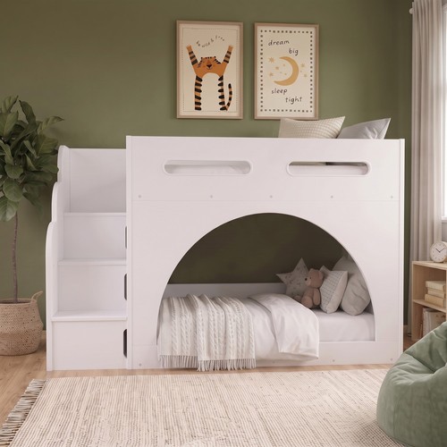 White bunk bed with stairs - with, and